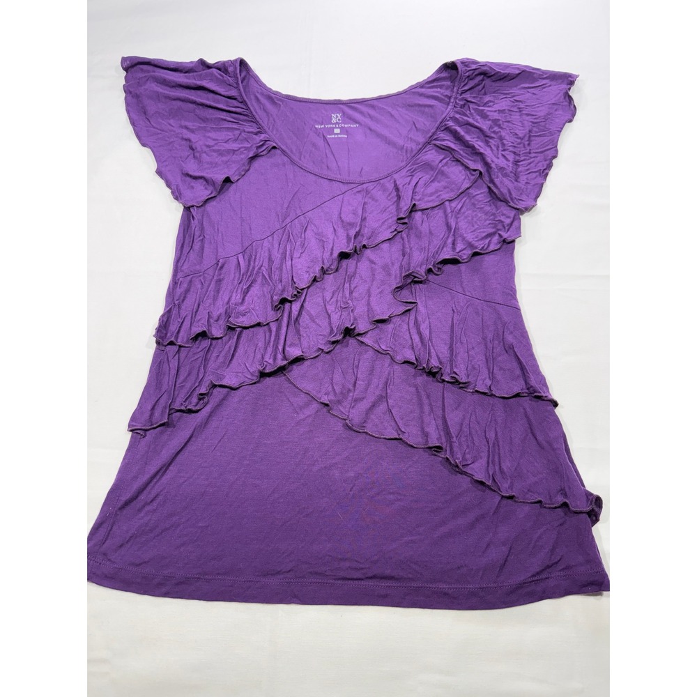 New York & Company Purple Ruffle Tiered Cap Sleeve Top y2k Blouse Small